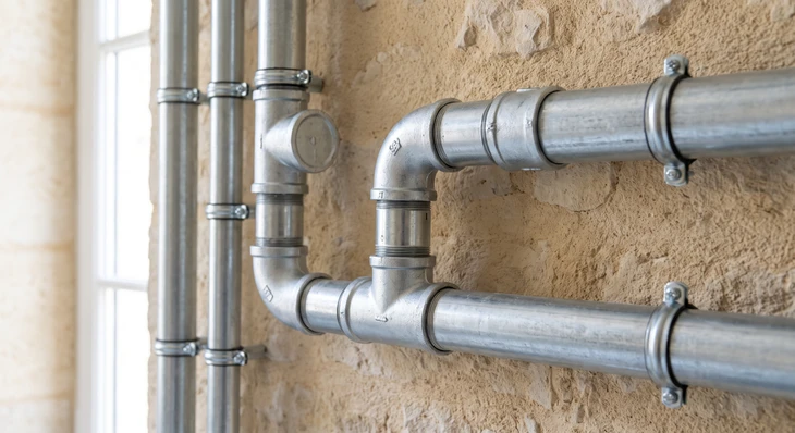 Atelier de plomberie professionnel avec focus sur un réseau de tuyauterie en fer noir et en galvanisé ancien, partiellement démonté et en cours de restauration. Tuyaux de différents diamètres, coudes et raccordements traditionnels visibles. Outils de plomberie spécialisés (clés à molette, chalumeau à gaz) posés à proximité. Arrière-plan : établi avec pièces métalliques et pièces de remplacement. Ambiance d'atelier authentique et technique, incarnant l'expertise traditionnelle des Compagnons du Devoir.