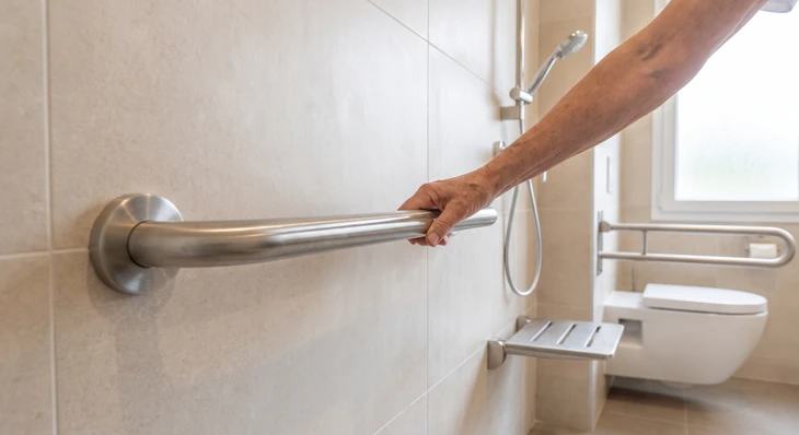 Douche à l'italienne accessible PMR photographiée de face. Receveur extra-plat blanc, paroi en verre transparent. Carrelage grand format effet marbre blanc et gris aux murs. Barre d'appui horizontale en inox brossé bien visible fixée au mur. Siège de douche rabattable blanc en aluminium avec assise ergonomique. Douchette à main chromée sur flexible inox tressé, colonne thermostatique. Sol en carrelage antidérapant. L'ensemble doit montrer clairement les éléments de sécurité et d'accessibilité tout en préservant l'esthétique moderne et le bien-être.