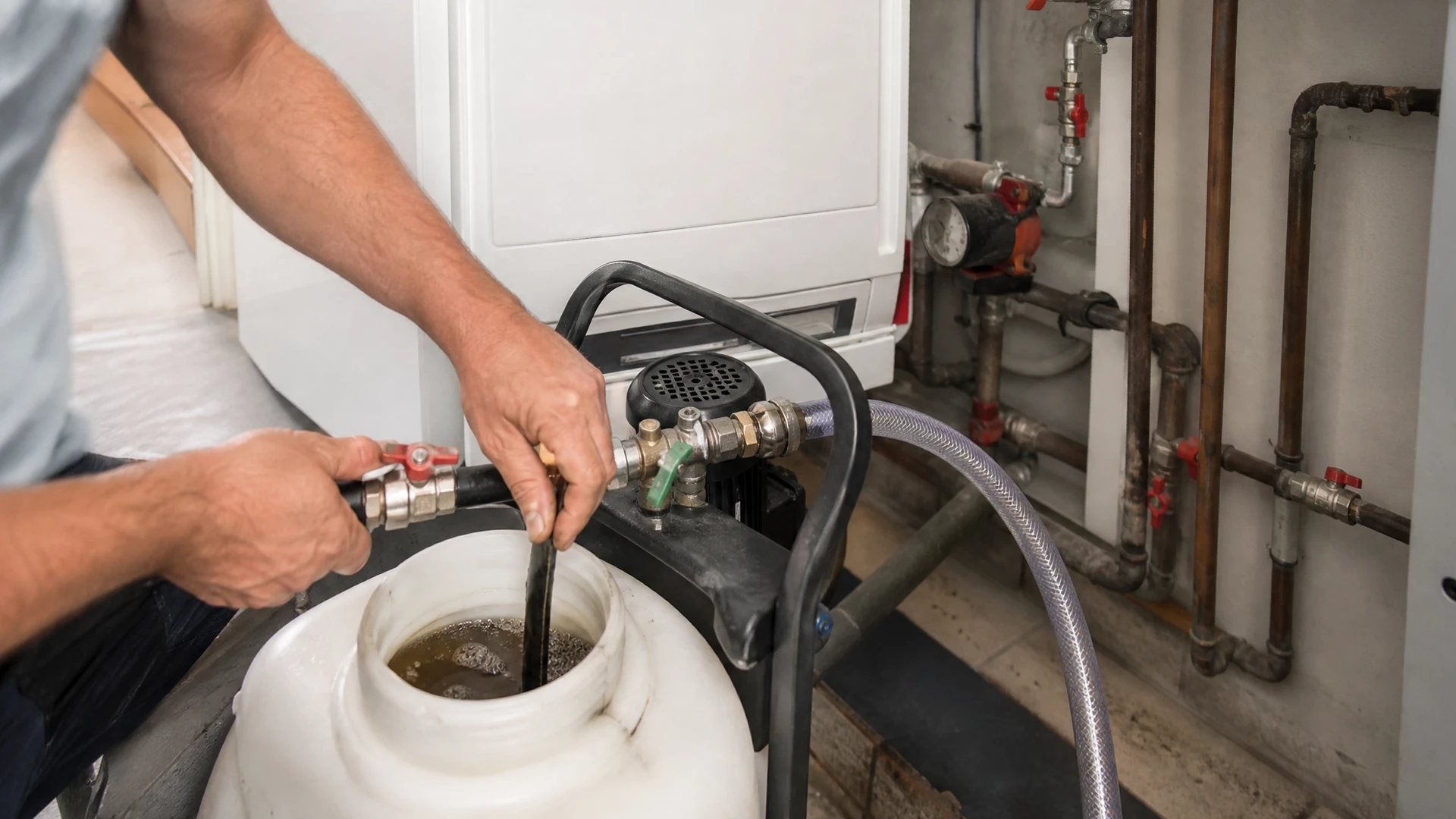 Intérieur de chantier, main gantée installant un robinet thermostatique blanc sur radiateur