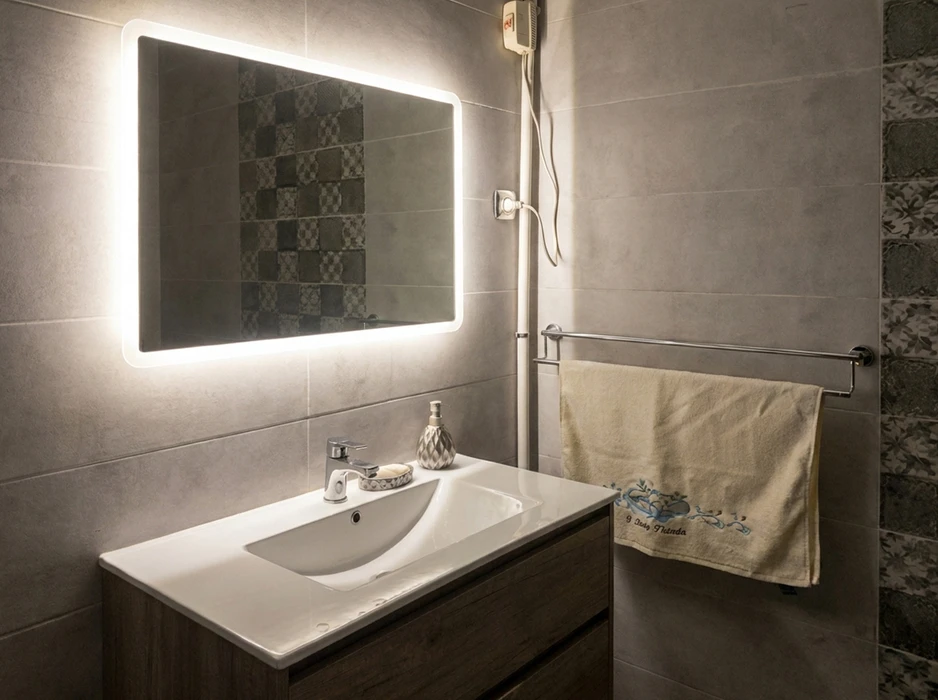 Salle de bain moderne luxueuse avec douche à l'italienne vitrée, carrelage mural en marbre blanc veiné gris, meuble vasque suspendu blanc laqué, miroir rétroéclairé LED