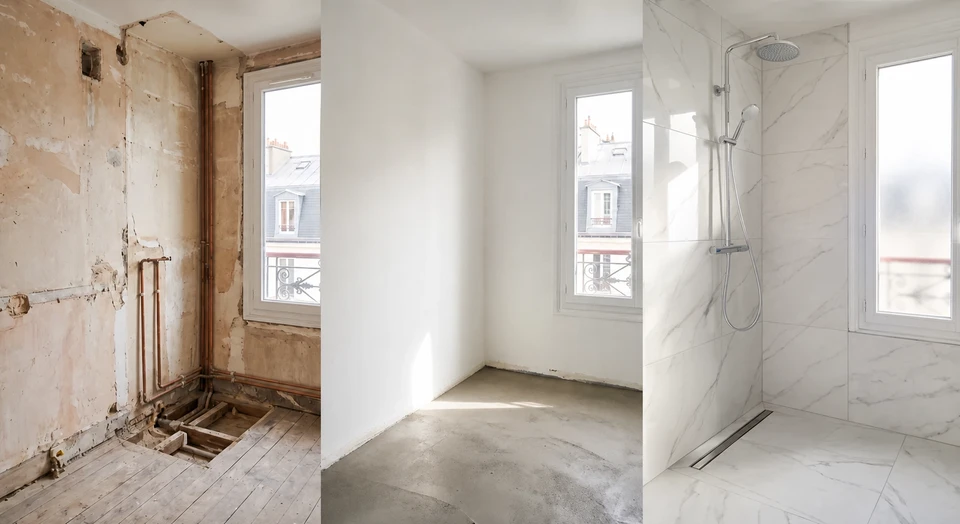Photographie d'une salle de bains en cours de rénovation montrant une progression visible des travaux : démolition et préparation à gauche (structures brutes, canalisations apparentes en cuivre), zone de transition au centre (membrane d'étanchéité en application, chape), et côté droit réalisation quasi-finalisée avec carrelage grand format effet marbre blanc et système de douche fonctionnel. Un ouvrier plombier en tenue professionnelle effectue les derniers raccordements. Éclairage naturel, perspective montrant l'ensemble de la transformation.